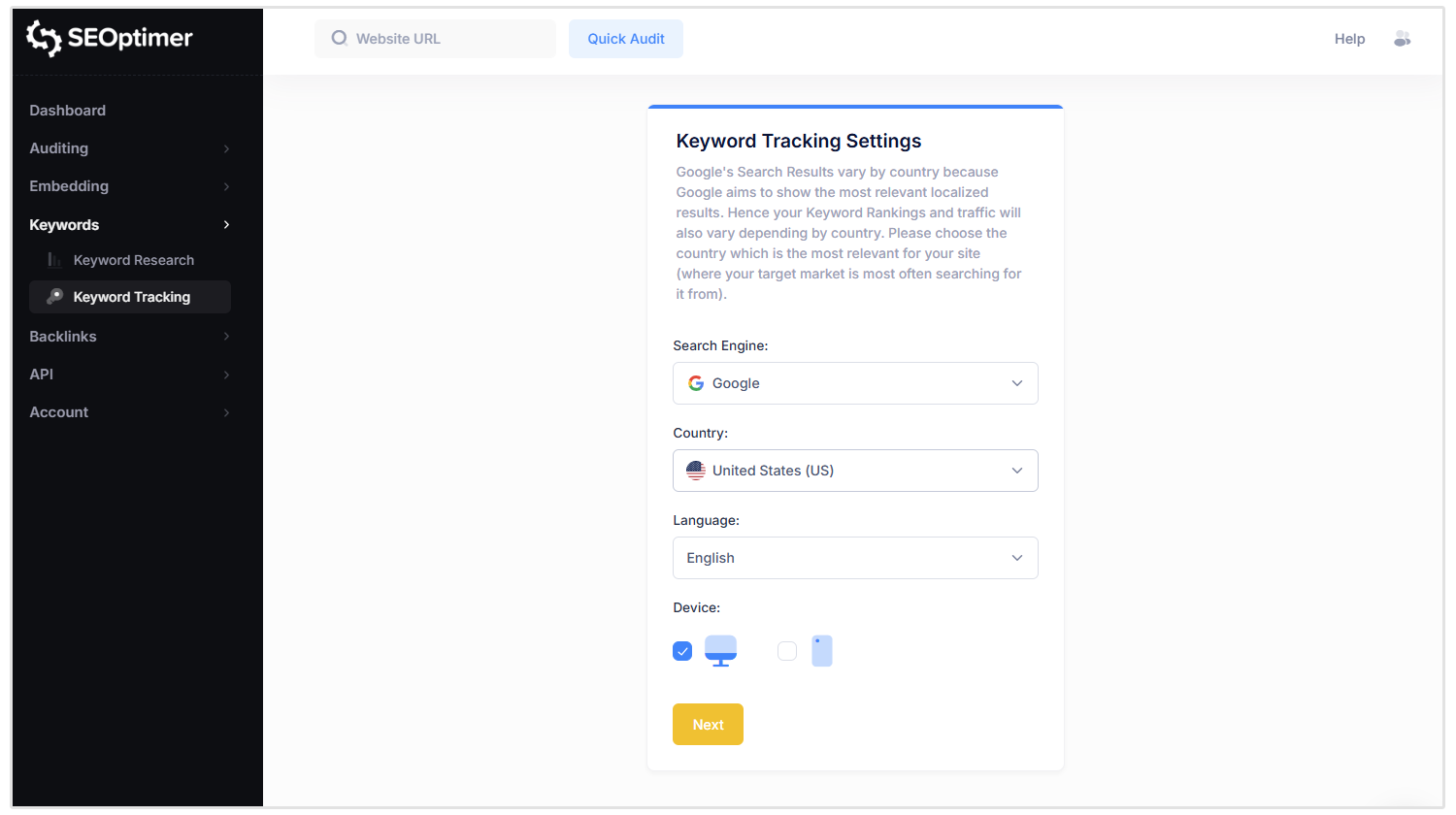 Keyword tracking settings